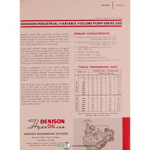 Denison St. Lucia  600, 700 800 Series, Vane Type Pump Motor Service Manual 1964 #4 image